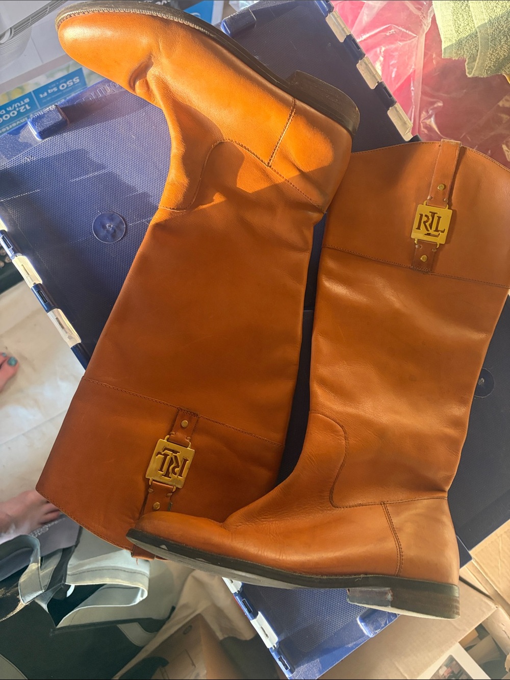Ralph Lauren Cognac Leather Over-the-Knee Riding Boots with Gold RL Plaque